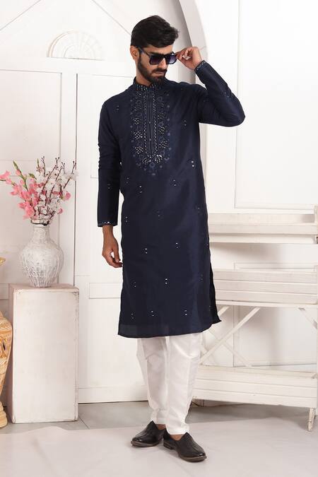 Buy_Arihant Rai Sinha_Blue Silk Embroidery, Mirrors Kurta Set With Aligadhi Pant _Online_at_Aza_Fashions