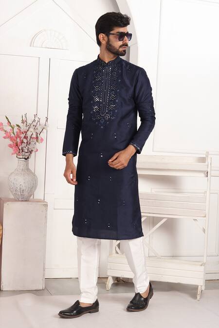 Shop_Arihant Rai Sinha_Blue Silk Embroidery, Mirrors Kurta Set With Aligadhi Pant _Online_at_Aza_Fashions