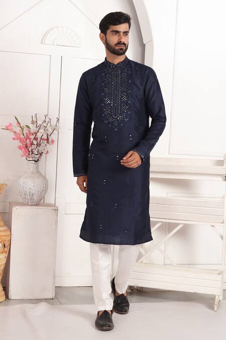 Buy_Arihant Rai Sinha_Blue Silk Embroidery, Mirrors Kurta Set With Aligadhi Pant 
