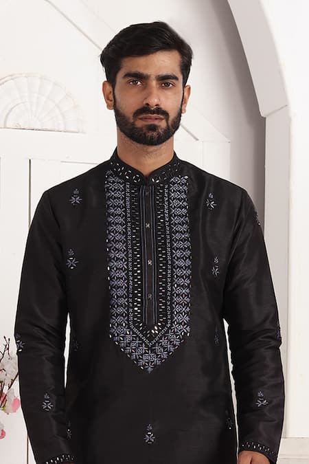 Arihant Rai Sinha_Black Silk Embroidery, Mirrors Kurta Set _Online_at_Aza_Fashions