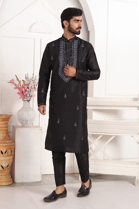 Buy_Arihant Rai Sinha_Black Silk Embroidery, Mirrors Kurta Set _Online_at_Aza_Fashions
