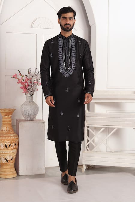 Shop_Arihant Rai Sinha_Black Silk Embroidery, Mirrors Kurta Set _Online_at_Aza_Fashions