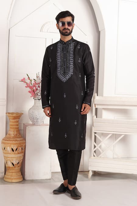 Arihant Rai Sinha_Black Silk Embroidery, Mirrors Kurta Set _at_Aza_Fashions