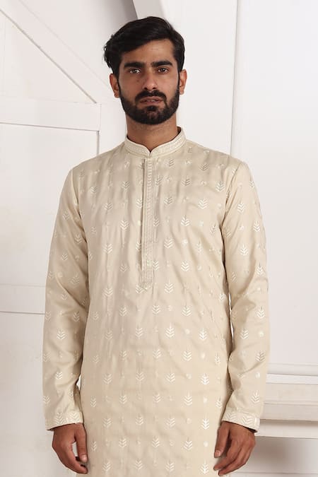 Arihant Rai Sinha_Beige Silk Embroidery Art Straight Kurta _Online_at_Aza_Fashions