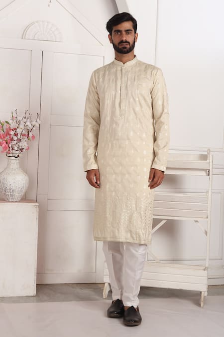 Shop_Arihant Rai Sinha_Beige Silk Embroidery Art Straight Kurta _Online_at_Aza_Fashions