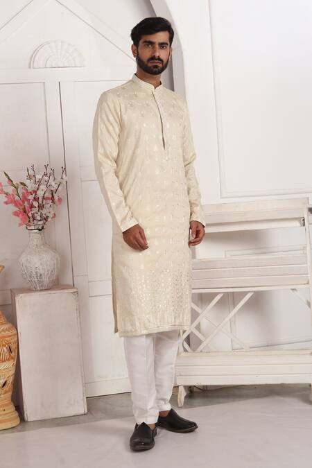 Arihant Rai Sinha_Beige Silk Embroidery Art Straight Kurta _at_Aza_Fashions