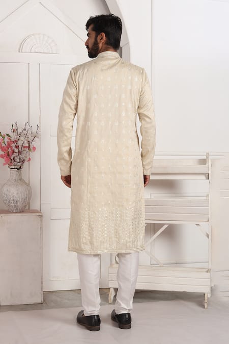 Shop_Arihant Rai Sinha_Beige Silk Embroidery Art Straight Kurta _at_Aza_Fashions