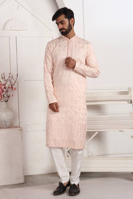 Shop_Arihant Rai Sinha_Pink Silk Embroidery Art Straight Kurta _Online_at_Aza_Fashions