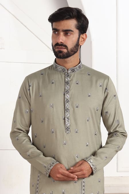 Arihant Rai Sinha_Green Silk Embroidery Art Straight Kurta _Online_at_Aza_Fashions