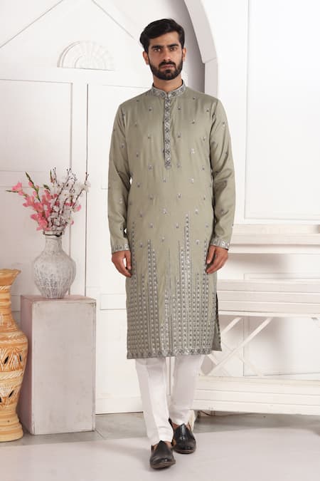 Shop_Arihant Rai Sinha_Green Silk Embroidery Art Straight Kurta _Online_at_Aza_Fashions