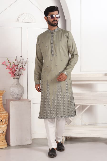 Arihant Rai Sinha_Green Silk Embroidery Art Straight Kurta _at_Aza_Fashions