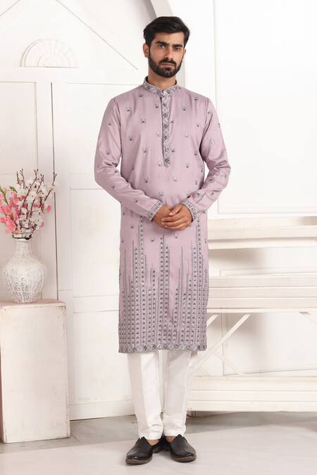 Shop_Arihant Rai Sinha_Lilac Silk Embroidery Straight Kurta _Online_at_Aza_Fashions