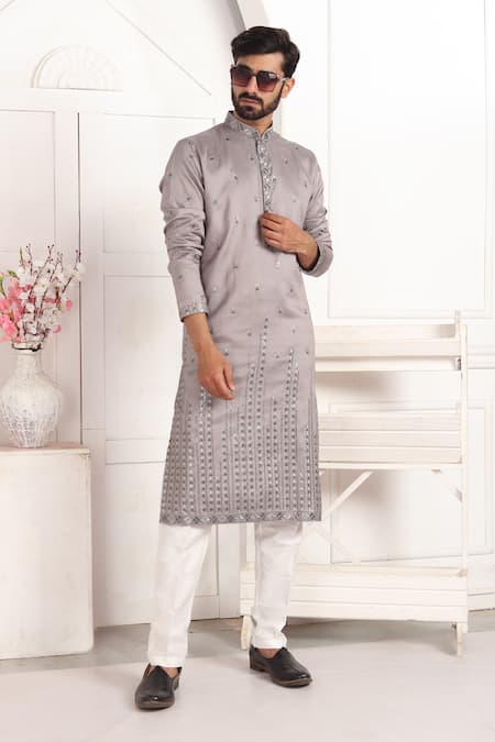 Arihant Rai Sinha_Gray Silk Embroidery Grey Art Straight Kurta _Online_at_Aza_Fashions