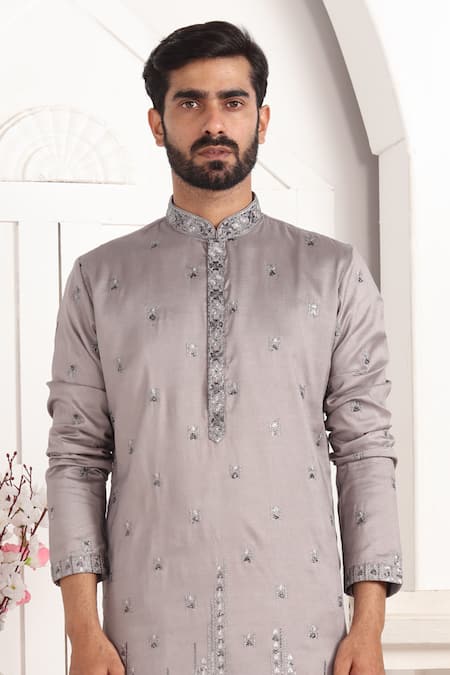 Buy_Arihant Rai Sinha_Gray Silk Embroidery Grey Art Straight Kurta _Online_at_Aza_Fashions