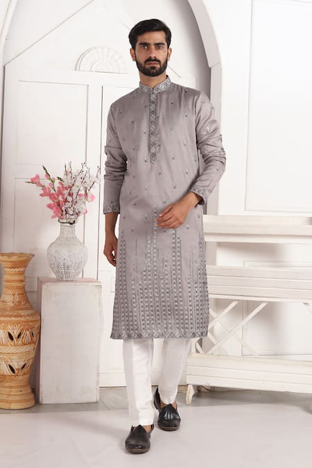 Shop_Arihant Rai Sinha_Gray Silk Embroidery Grey Art Straight Kurta _Online_at_Aza_Fashions