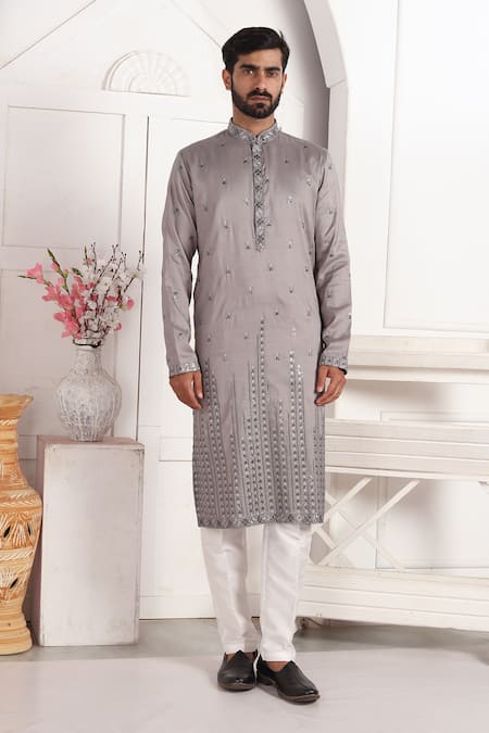 Arihant Rai Sinha_Gray Silk Embroidery Grey Art Straight Kurta _at_Aza_Fashions