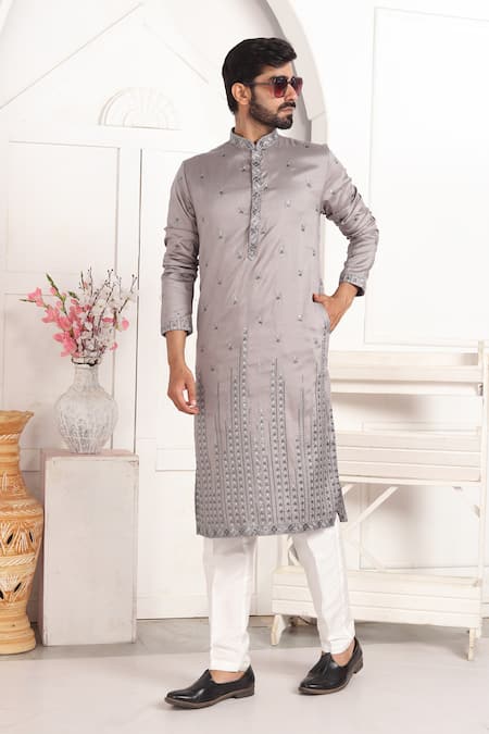 Buy_Arihant Rai Sinha_Gray Silk Embroidery Grey Art Straight Kurta 