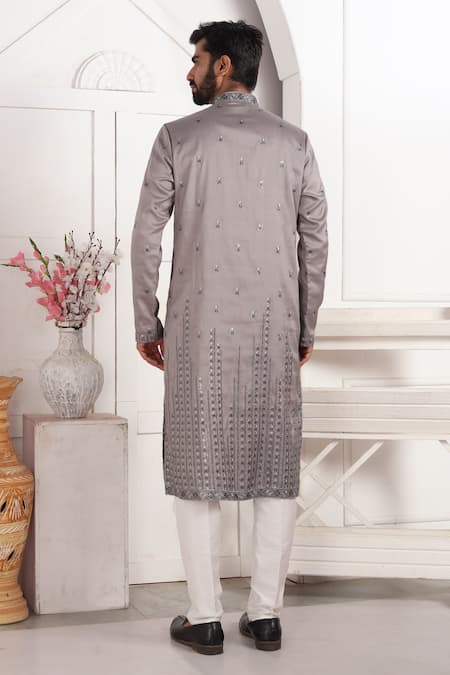 Shop_Arihant Rai Sinha_Gray Silk Embroidery Grey Art Straight Kurta _at_Aza_Fashions