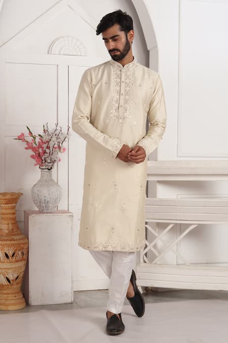 Arihant Rai Sinha_Beige Silk Embroidery, Mirrors Straight Kurta With Work _at_Aza_Fashions