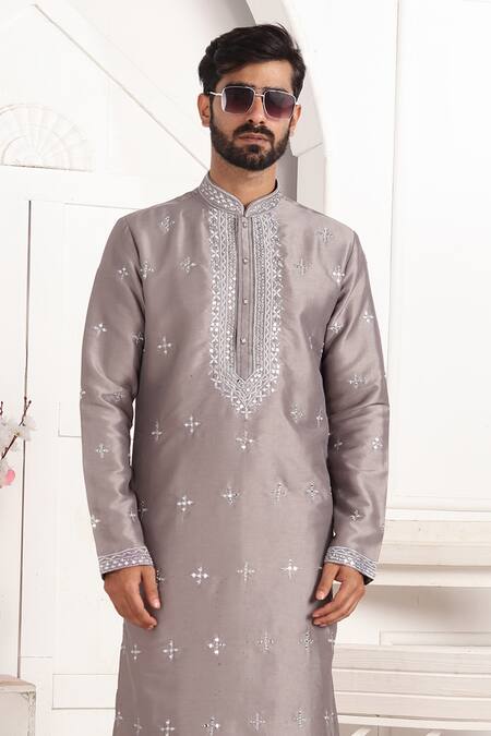 Arihant Rai Sinha_Gray Silk Embroidery, Mirrors Grey Banarasi Straight Kurta _Online_at_Aza_Fashions