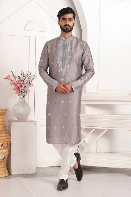 Shop_Arihant Rai Sinha_Gray Silk Embroidery, Mirrors Grey Banarasi Straight Kurta _Online_at_Aza_Fashions