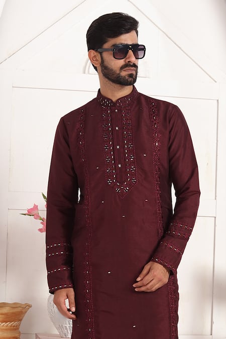 Buy Arihant Rai Sinha Wine Silk Embroidery, Mirrors Straight Kurta With Thread And Work Online at Aza Fashions Buy_Arihant Rai Sinha_Wine Silk Embroidery, Mirrors Straight Kurta With Thread And Work _Online_at_Aza_Fashions