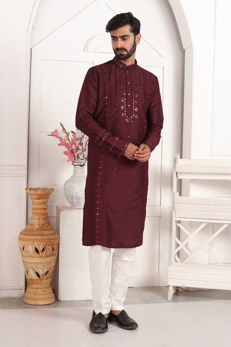 Shop_Arihant Rai Sinha_Wine Silk Embroidery, Mirrors Straight Kurta With Thread And Work _Online_at_Aza_Fashions
