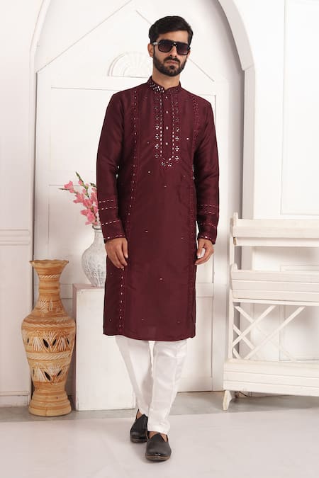 Arihant Rai Sinha_Wine Silk Embroidery, Mirrors Straight Kurta With Thread And Work _at_Aza_Fashions