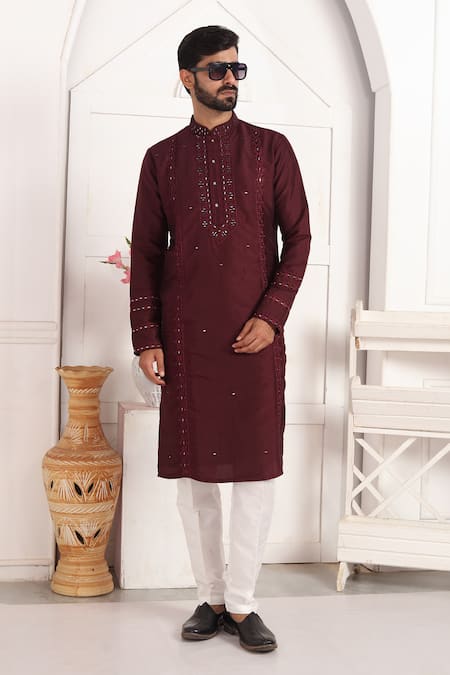 Buy_Arihant Rai Sinha_Wine Silk Embroidery, Mirrors Straight Kurta With Thread And Work 