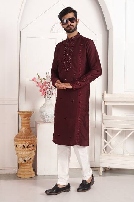 Shop_Arihant Rai Sinha_Wine Silk Embroidery, Mirrors Straight Kurta With Thread And Work 