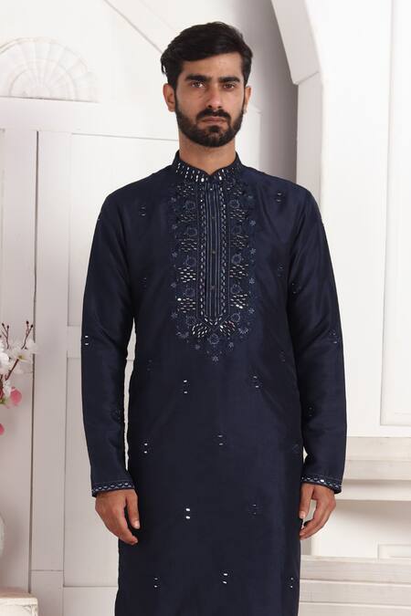 Arihant Rai Sinha Blue Silk Embroidery, Mirrors Banarasi Straight Kurta Online at Aza Fashions Arihant Rai Sinha_Blue Silk Embroidery, Mirrors Banarasi Straight Kurta _Online_at_Aza_Fashions