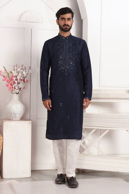 Buy_Arihant Rai Sinha_Blue Silk Embroidery, Mirrors Banarasi Straight Kurta _Online_at_Aza_Fashions