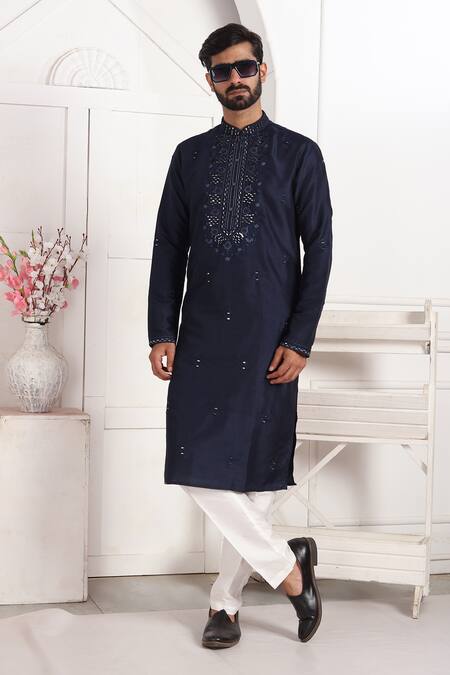 Shop_Arihant Rai Sinha_Blue Silk Embroidery, Mirrors Banarasi Straight Kurta _Online_at_Aza_Fashions