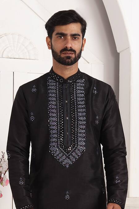 Arihant Rai Sinha_Black Silk Embroidery, Mirrors Straight Kurta With Work _Online_at_Aza_Fashions