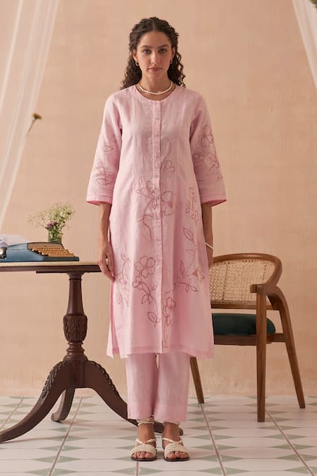 Kasturi Kundal_Pink Linen Embroidery Round Neck Kurta Set _Online_at_Aza_Fashions