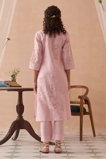 Kasturi Kundal Embroidered Pink Linen Kurta Set 