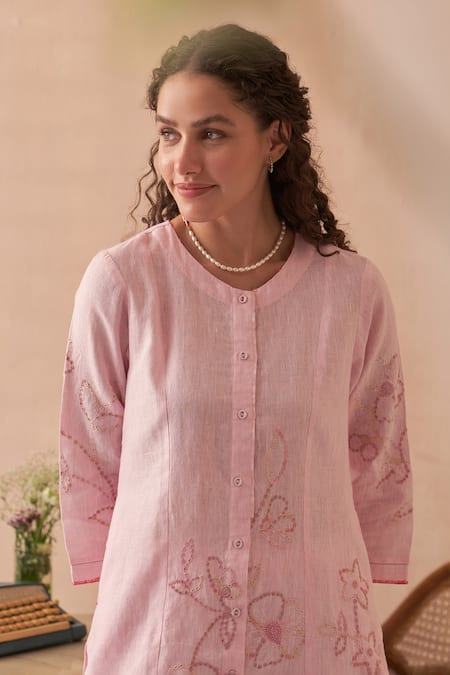 Buy_Kasturi Kundal_Pink Linen Embroidery Round Neck Kurta Set _Online_at_Aza_Fashions