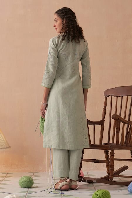 Kasturi Kundal Embroidered Green Linen Kurta Set 