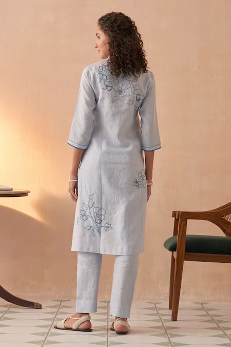 Kasturi Kundal Embroidered Blue Linen Kurta Set 