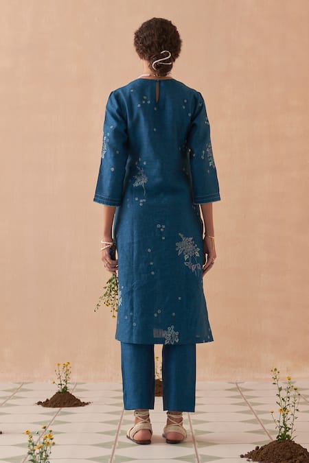 Kasturi Kundal Embroidered Blue Linen Kurta Set 