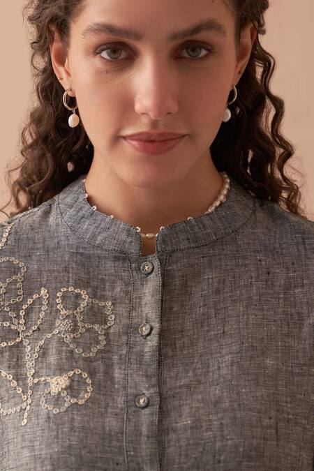Kasturi Kundal_Gray Linen Embroidery Mandarin Collar Grey Kurta Set _Online_at_Aza_Fashions