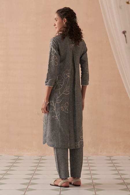 Kasturi Kundal Embroidered Grey Linen Kurta Set 