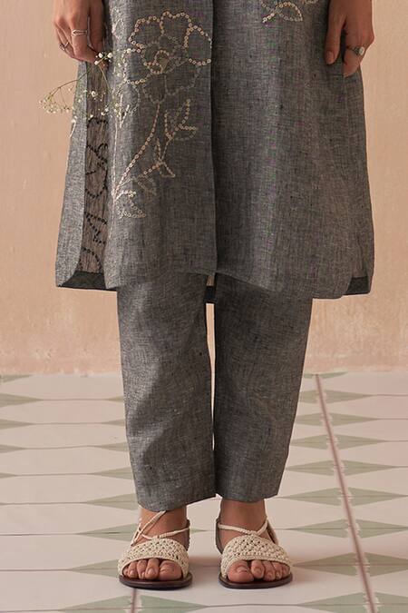 Shop_Kasturi Kundal_Gray Linen Embroidery Mandarin Collar Grey Kurta Set _Online_at_Aza_Fashions