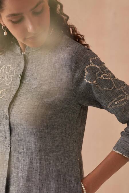 Kasturi Kundal_Gray Linen Embroidery Mandarin Collar Grey Kurta Set _at_Aza_Fashions