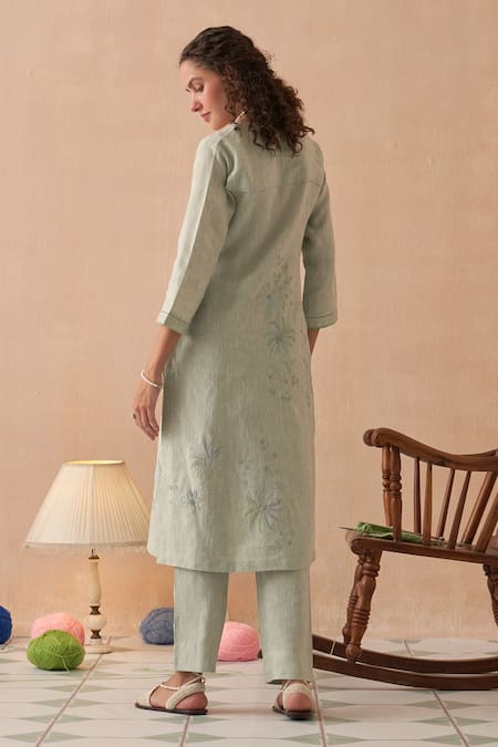 Kasturi Kundal Embroidered Green Linen Kurta Set 