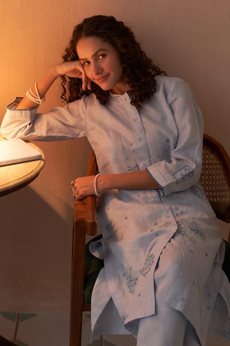 Shop_Kasturi Kundal_Blue Linen Embroidery Round Neck Powder Kurta Set _Online_at_Aza_Fashions