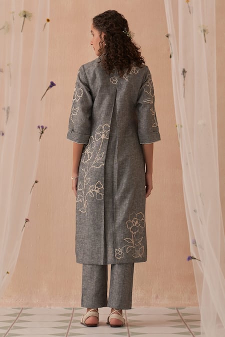 Kasturi Kundal Embroidered Grey Linen Kurta Set 