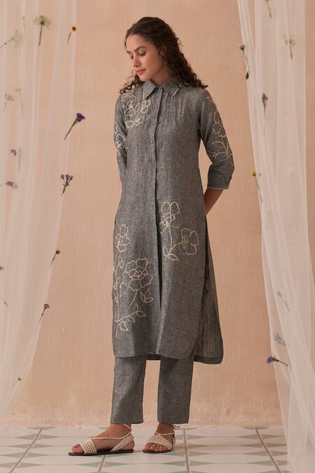 Kasturi Kundal_Gray Linen Embroidery Collared Grey Kurta Set _Online_at_Aza_Fashions