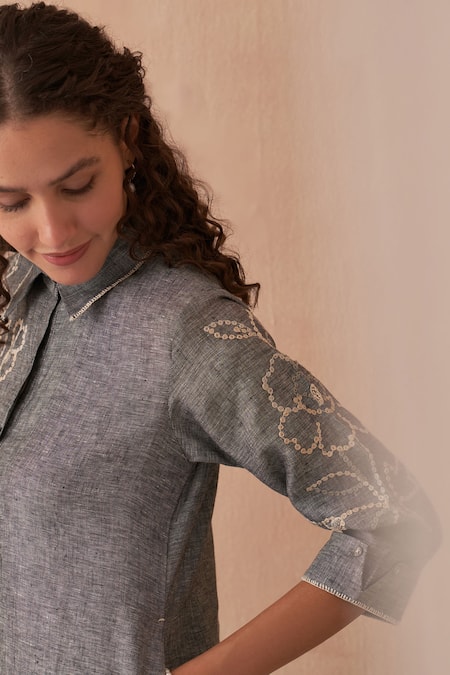 Shop_Kasturi Kundal_Gray Linen Embroidery Collared Grey Kurta Set _Online_at_Aza_Fashions