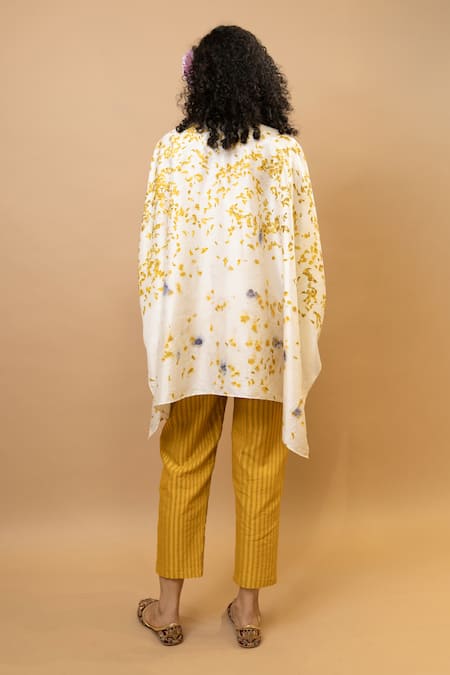Shop_Krishna Mehta_Yellow Silk, Chanderi Embroidery Marigold Floral Kaftan Top And Striped Pants _at_Aza_Fashions